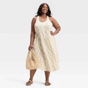 NWT White Floral Drop Waist A-line Midi Dress Size XXL